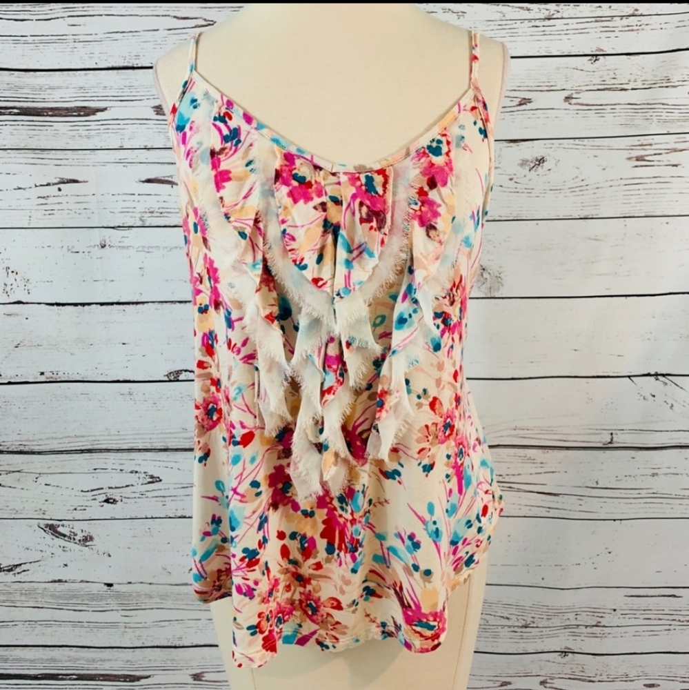 Floral watercolor top ruffle front v-neck soft